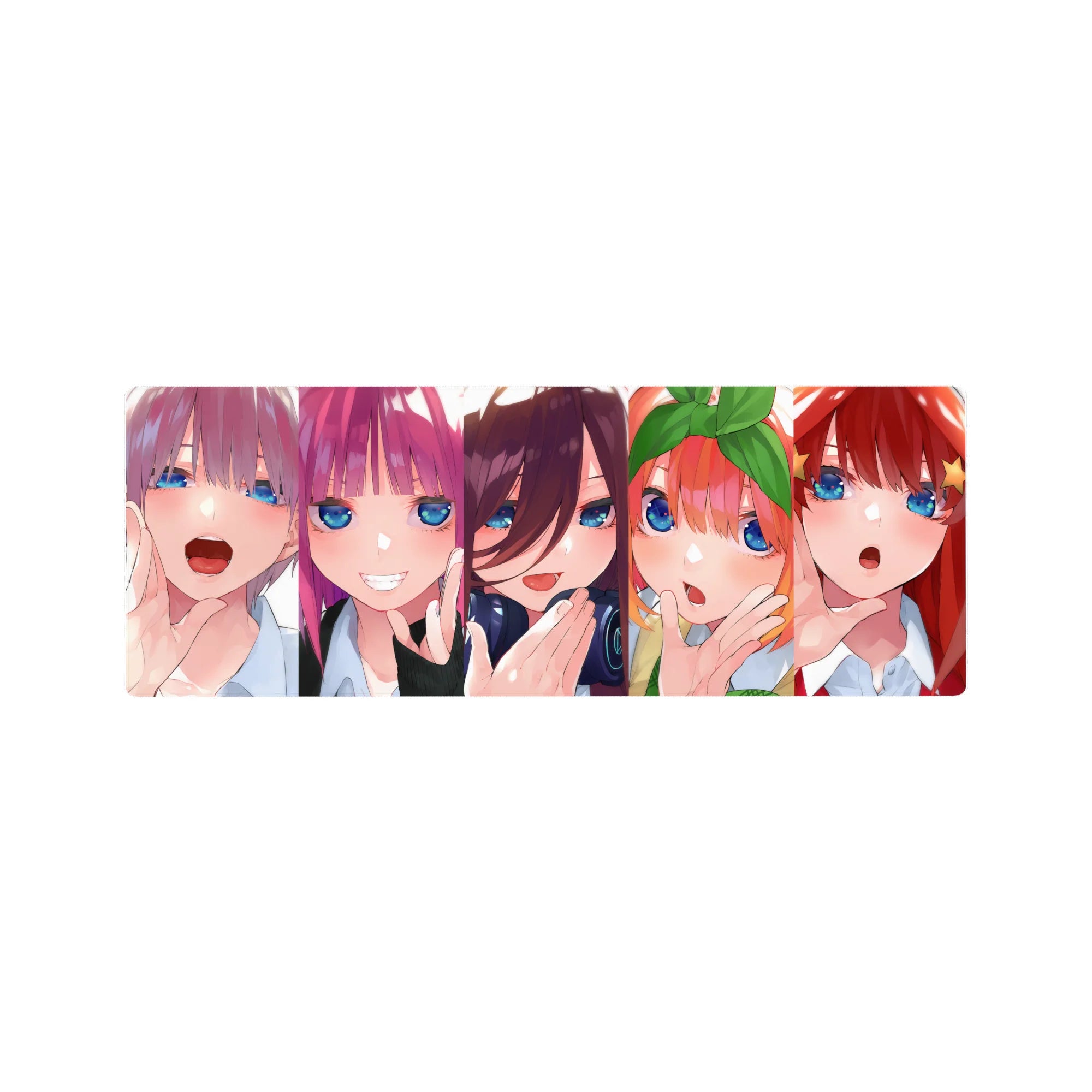 32x12 inches anime girl mouse pad with five glossy-eyed girls lined up in a candy-colored chorus.
