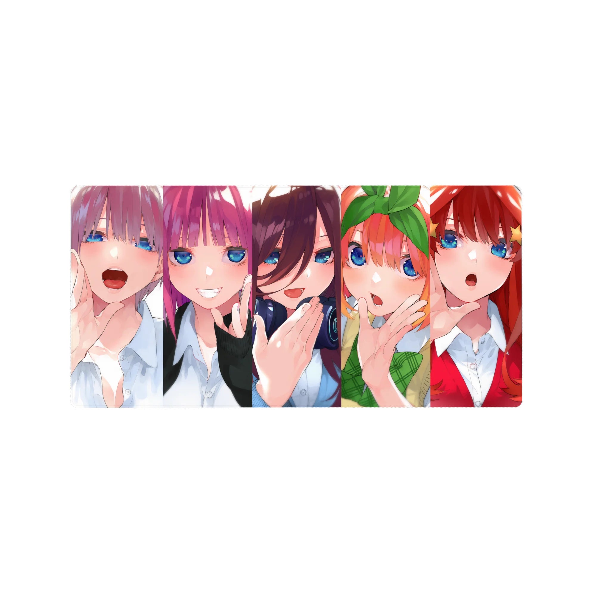Anime girl mouse pad 32x16 inches with five glossy blue-eyed girls lined up in a candy-colored chorus.