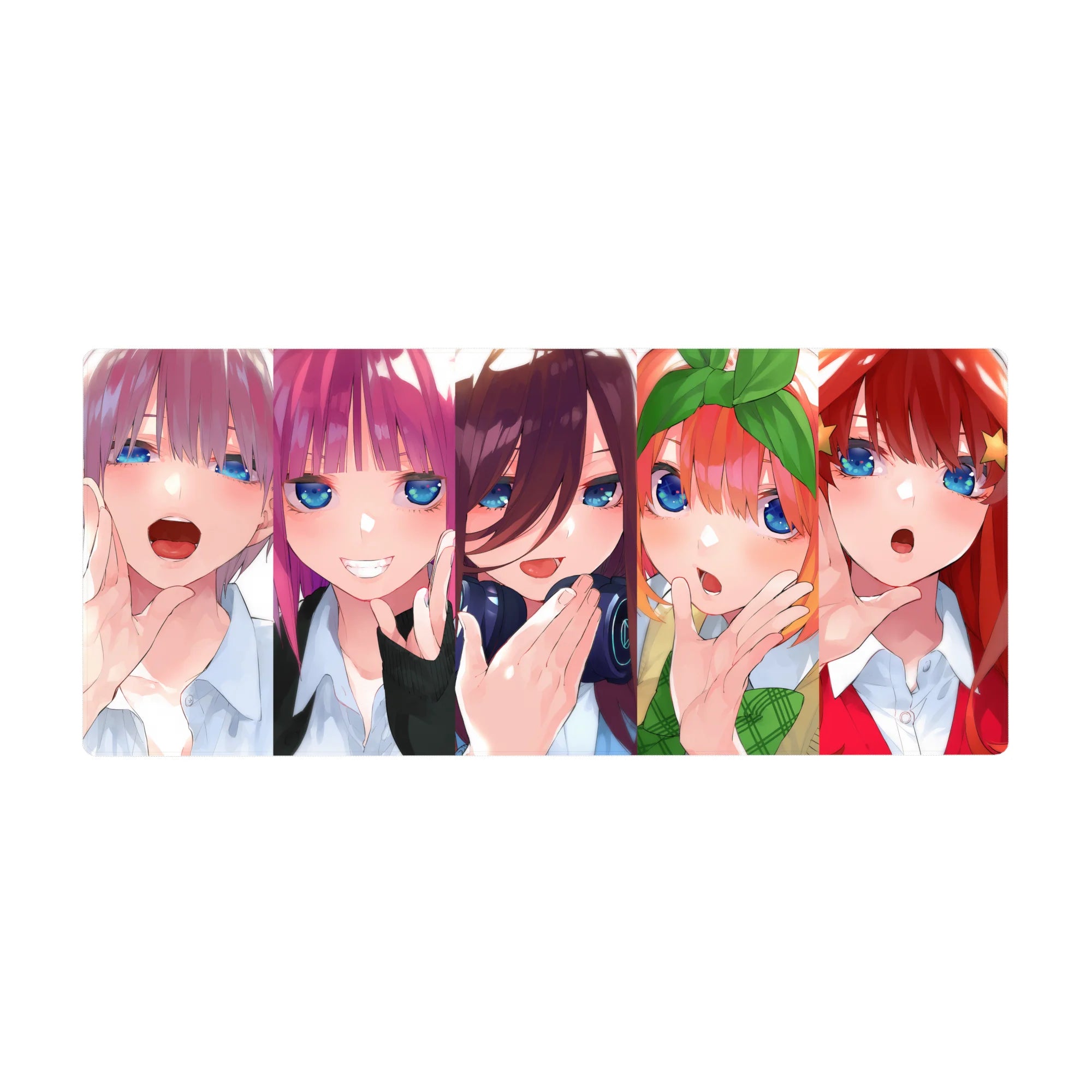 36x16 inches anime girl desk pad with five glossy blue-eyed girls lined up in a cute chorus pose.