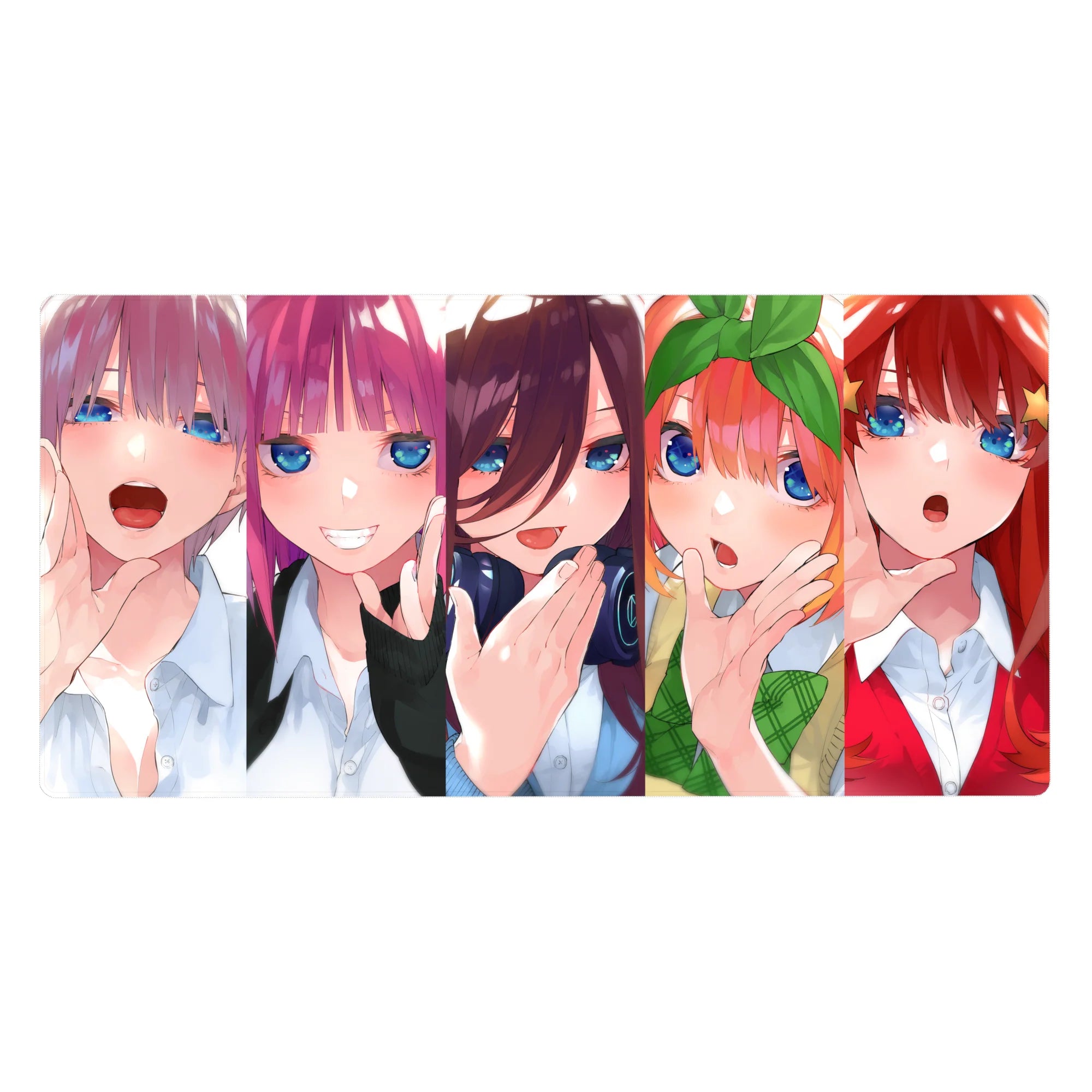 40x20 inches anime girl desk pad with five bright girls in a row, glossy blue eyes and playful poses.