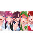 40x20 inches anime girl desk pad with five bright girls in a row, glossy blue eyes and playful poses.