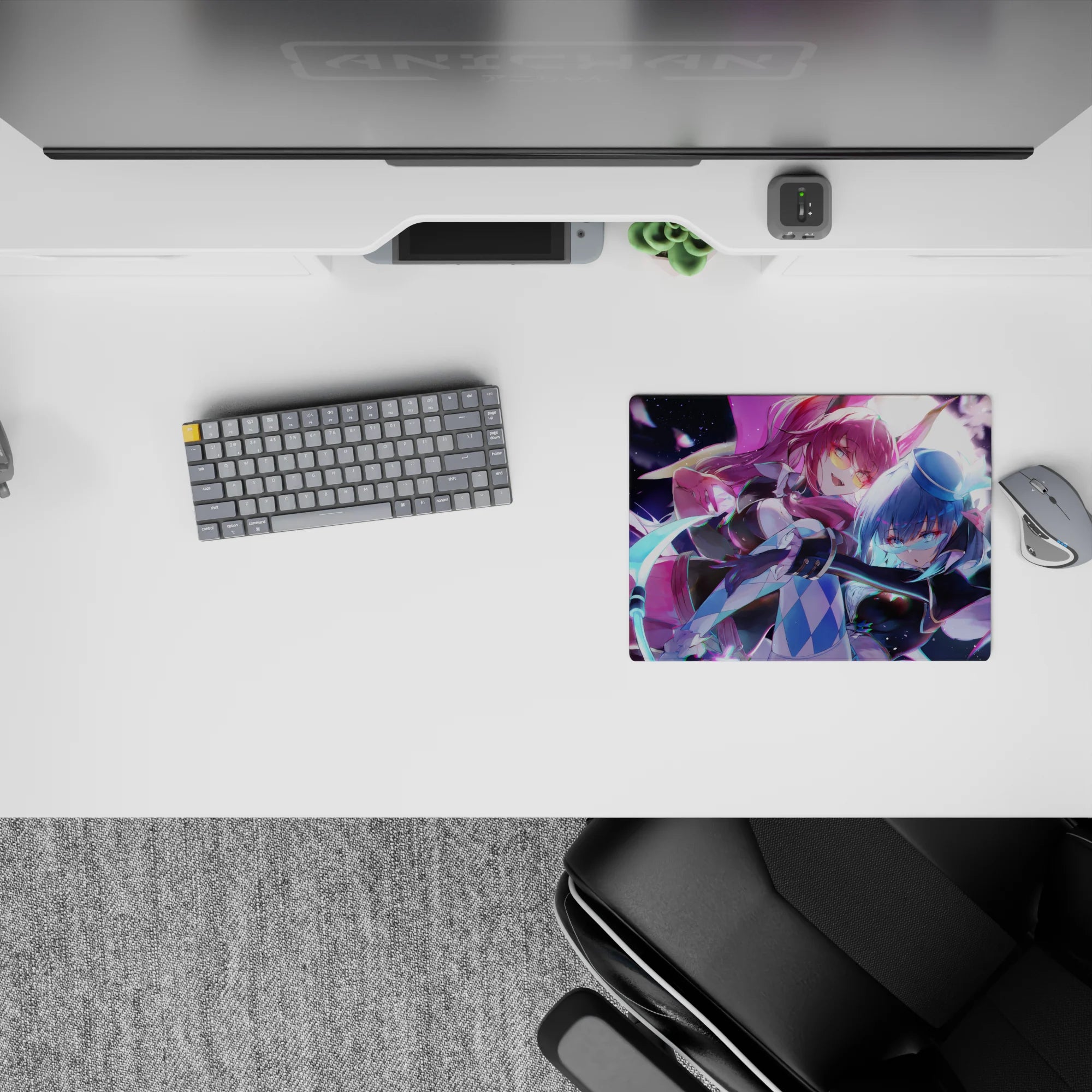 Classic anime girl mouse pad 14x10 inches in neon purples and icy blues, stardust swirl, flirty edgy vibe.