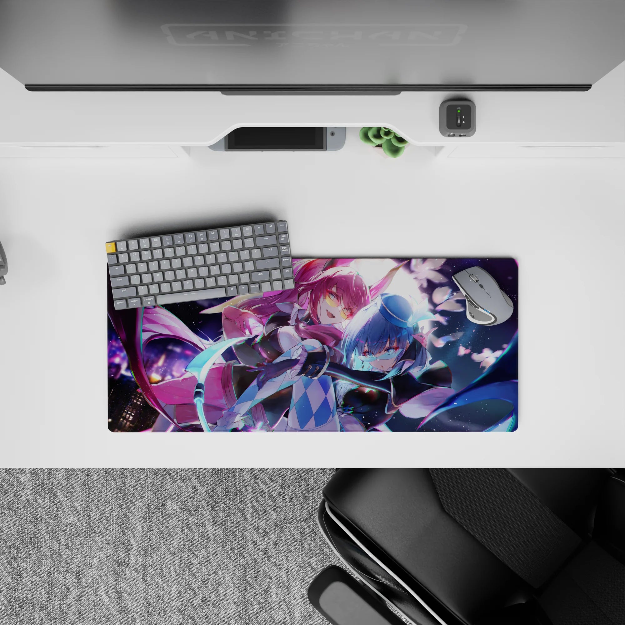 28x12 inches neon purple and icy blue anime girl mouse pad with stardust swirls, sparks, flirty chaos.