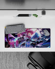28x12 inches neon purple and icy blue anime girl mouse pad with stardust swirls, sparks, flirty chaos.