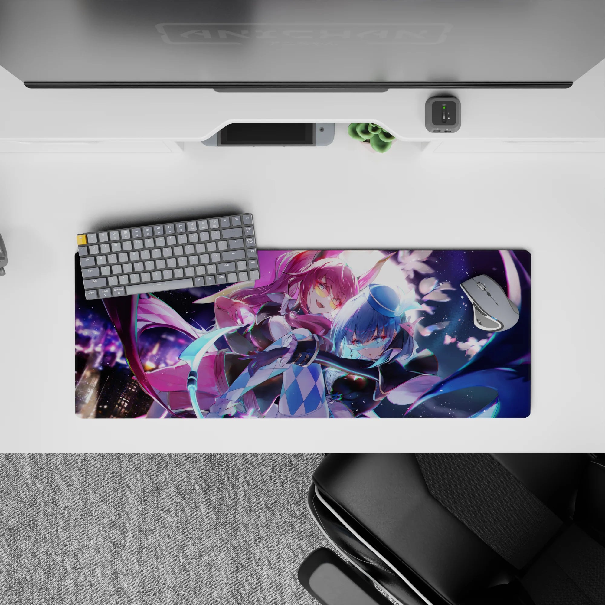 Neon purple and icy blue anime girl mouse pad 32x12 inches, flirty dangerous vibe with spark petals.