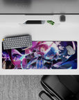 Neon purple and icy blue anime girl mouse pad 32x12 inches, flirty dangerous vibe with spark petals.