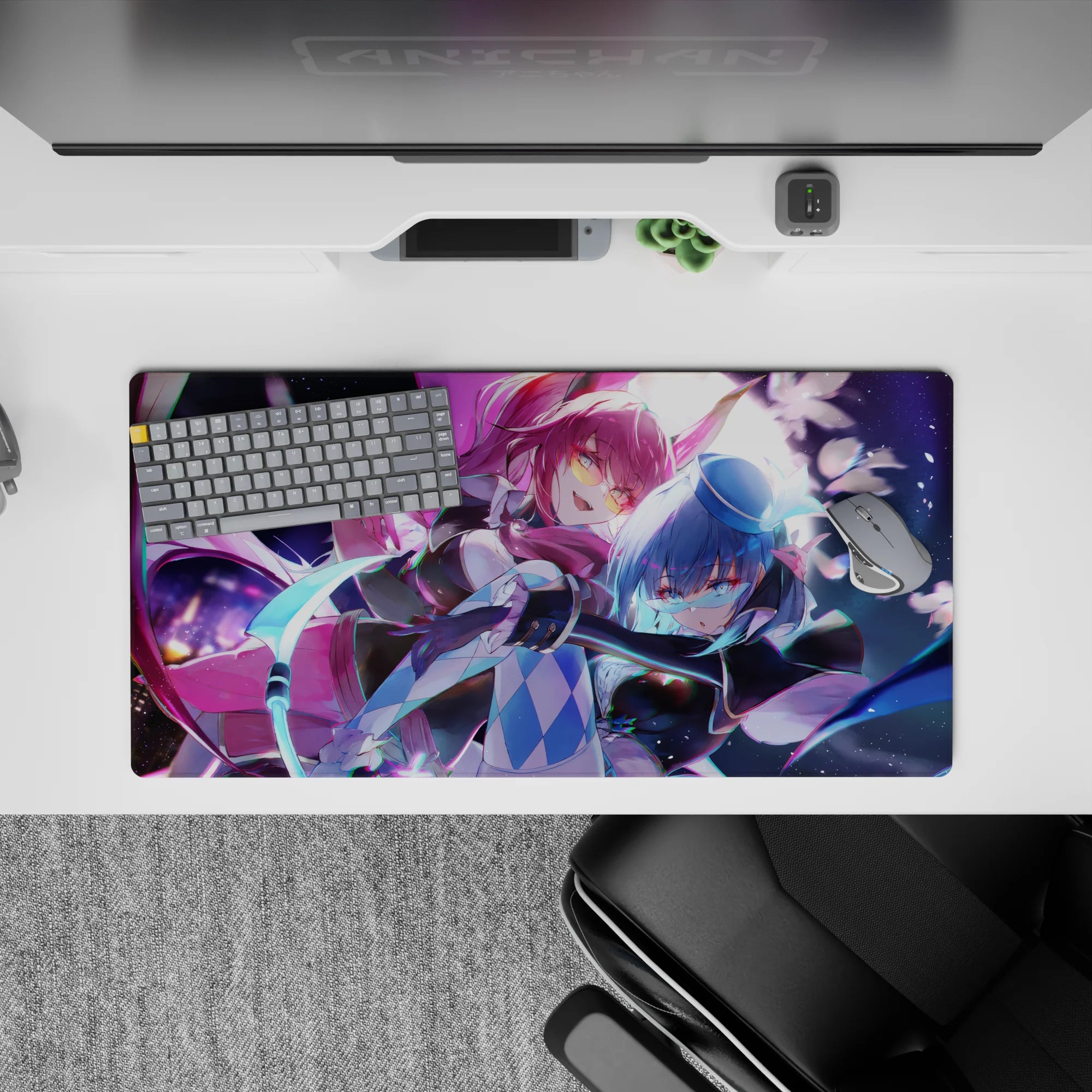 32x16 inches anime girl mouse pad in neon purple and icy blue stardust glow, flirty chaotic vibe.