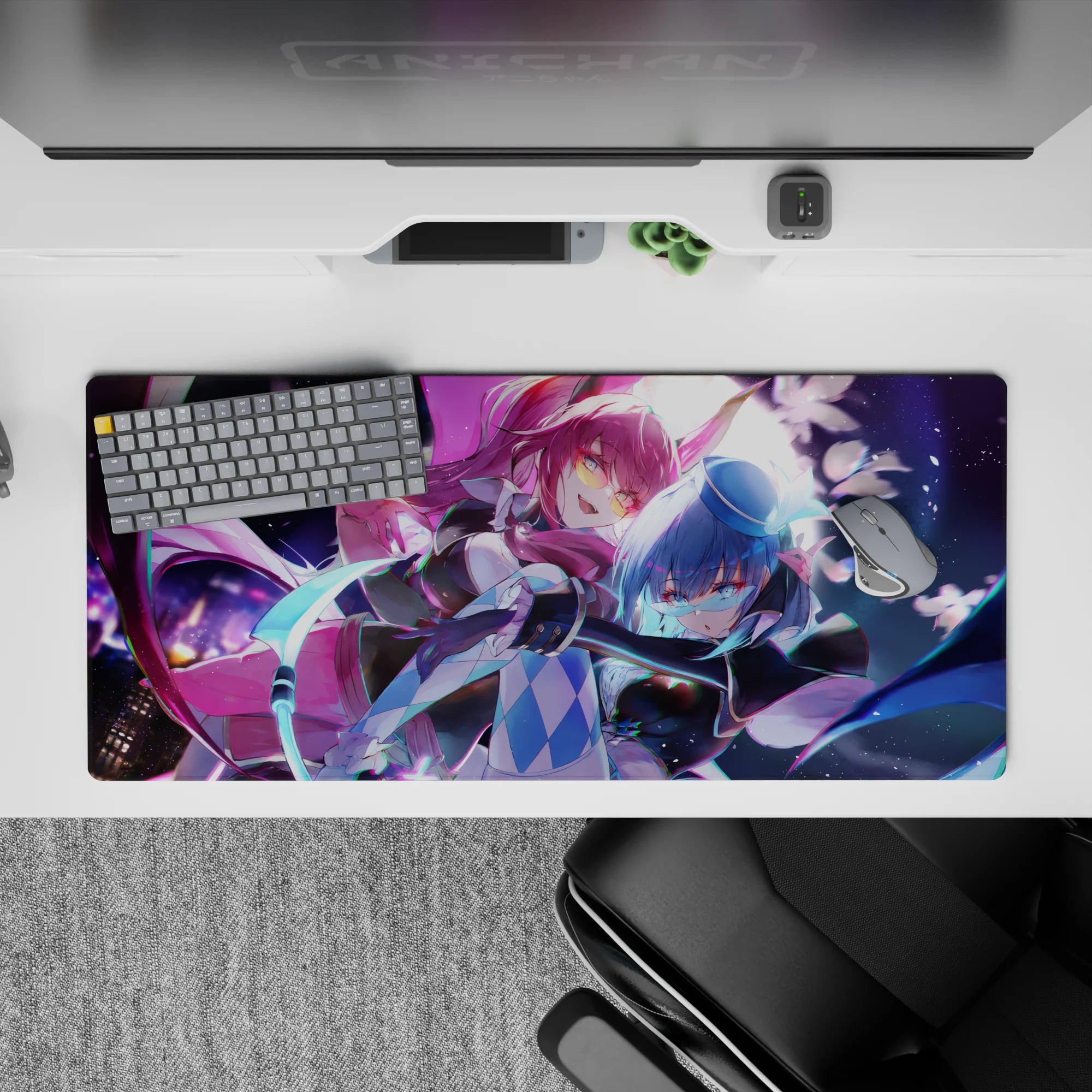 36x16 inches anime girl desk pad in neon purple and icy blue stardust, flirty danger cyber vibe.