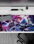 36x16 inches anime girl desk pad in neon purple and icy blue stardust, flirty danger cyber vibe.
