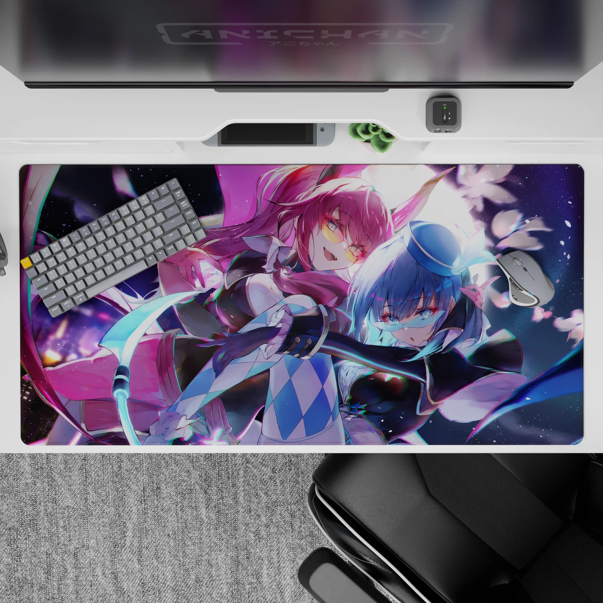 Neon purple and icy blue anime girl desk pad 40x20 inches, stardust swirls and flirty danger vibe.