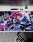 Neon purple and icy blue anime girl desk pad 40x20 inches, stardust swirls and flirty danger vibe.