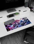 28x12 inches anime girl mouse pad featuring pink-haired girl with yellow glasses and blue-haired partner in top hat.