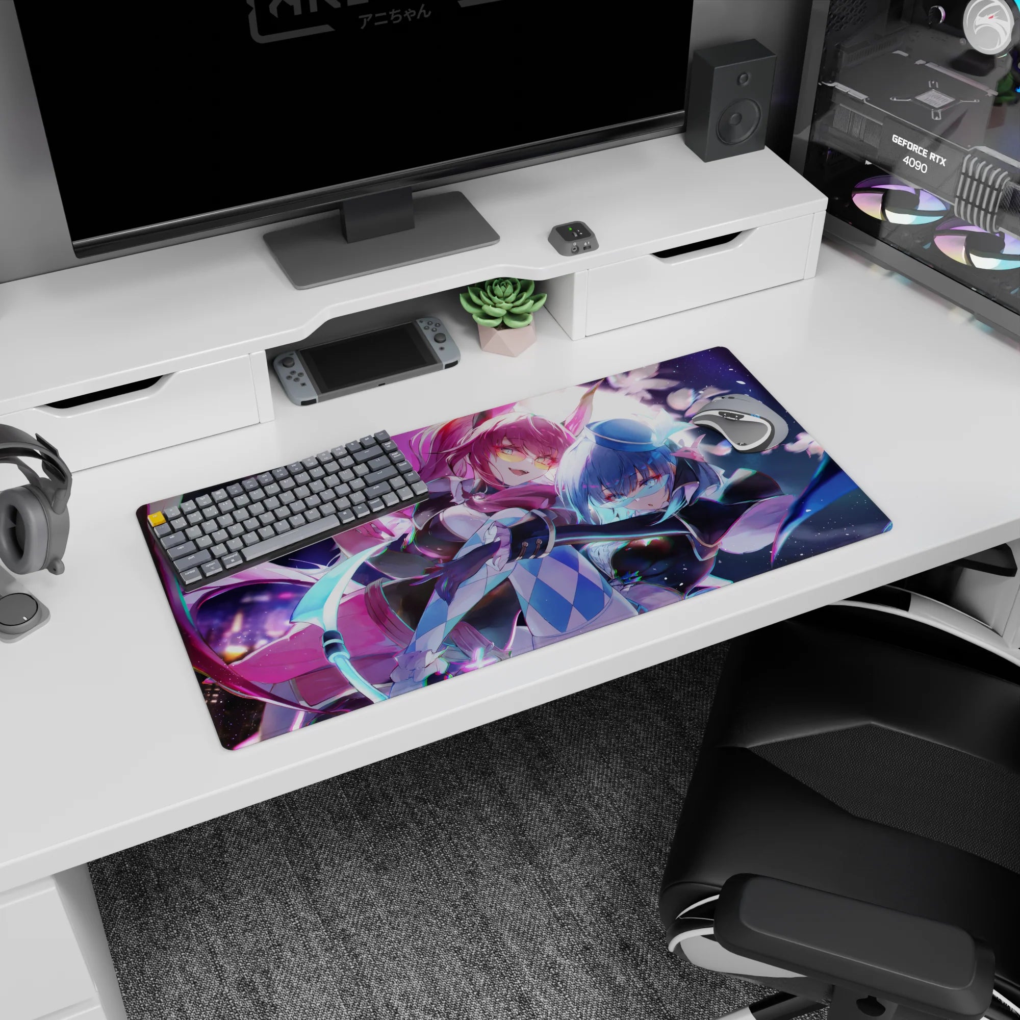32x16 inches anime girl mouse pad showing pink hair with yellow glasses and blue-haired partner in top hat.
