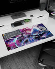 32x16 inches anime girl mouse pad showing pink hair with yellow glasses and blue-haired partner in top hat.