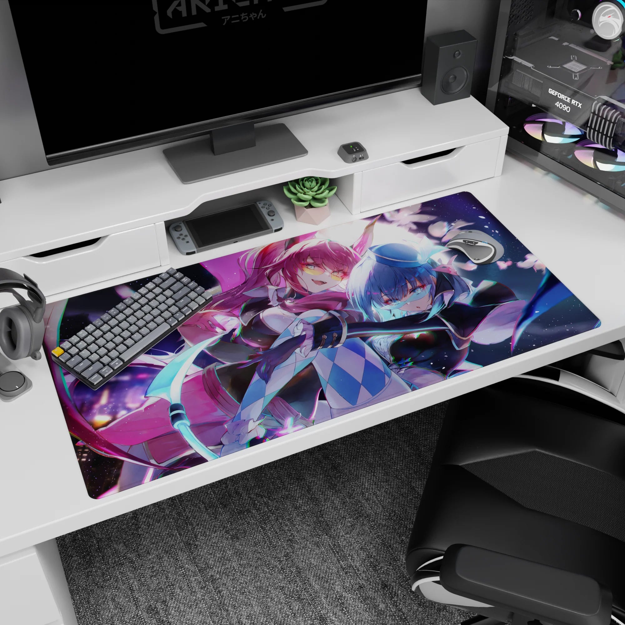 Pink-haired anime girl in yellow glasses with blue-haired partner in tiny top hat desk pad 40x20 inches.