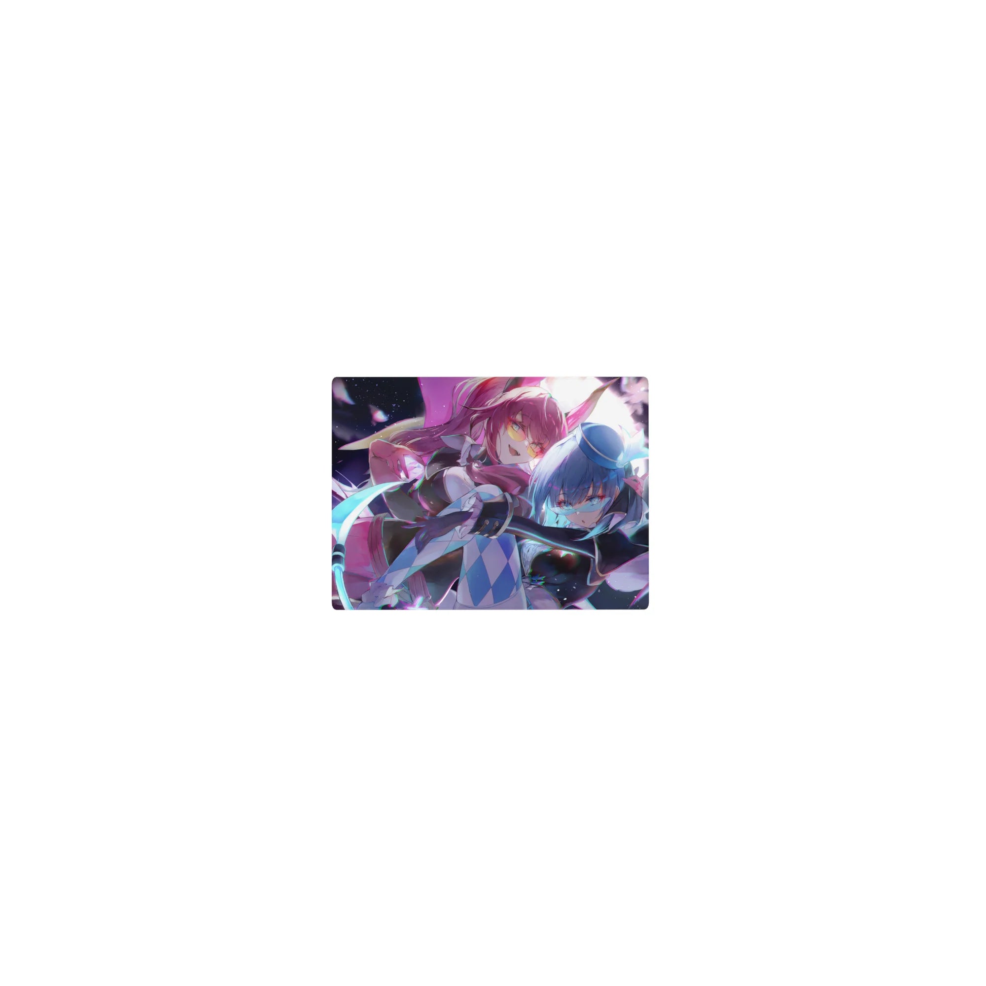 Classic anime girl mouse pad 14x10 inches with two fierce girls, neon ribbons, top hat, and glowing blade.