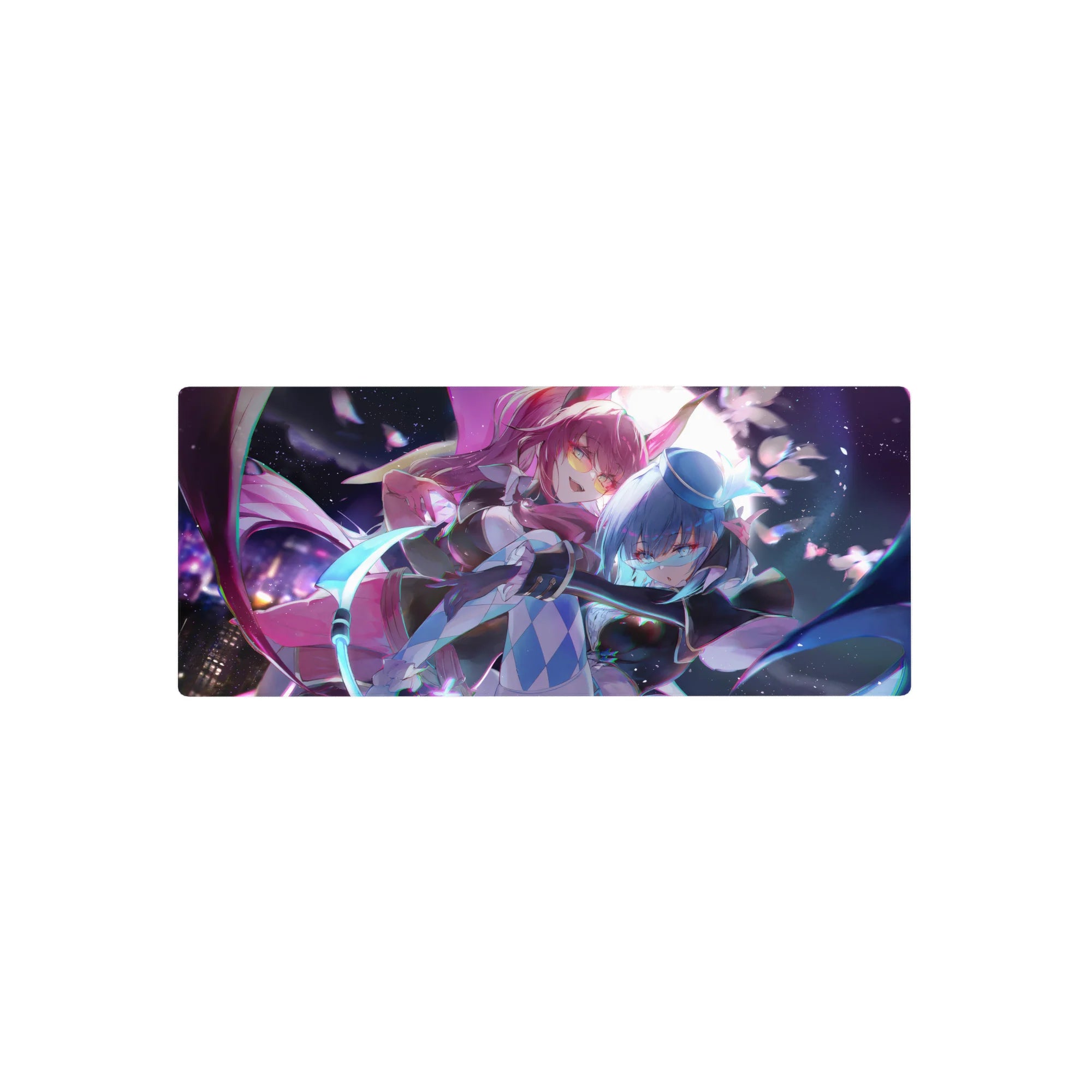 28x12 inches anime girl mouse pad with pink-haired and blue-haired duo, neon ribbons, glowing blade art.