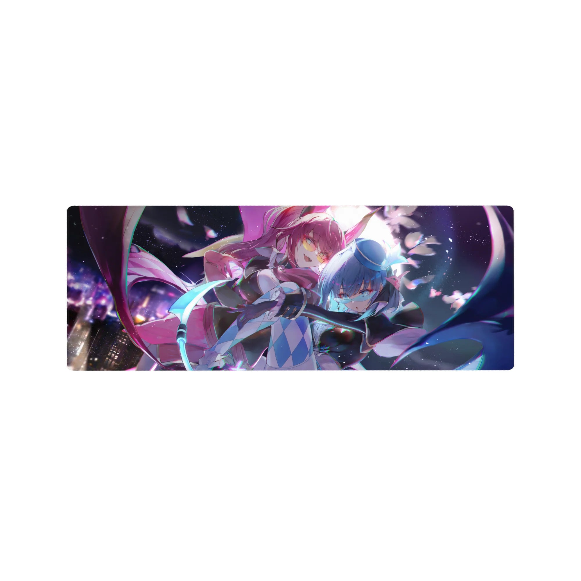 Anime girl mouse pad 32x12 inches with duo, pink hair and blue hair, neon stardust ribbons, blade pose.