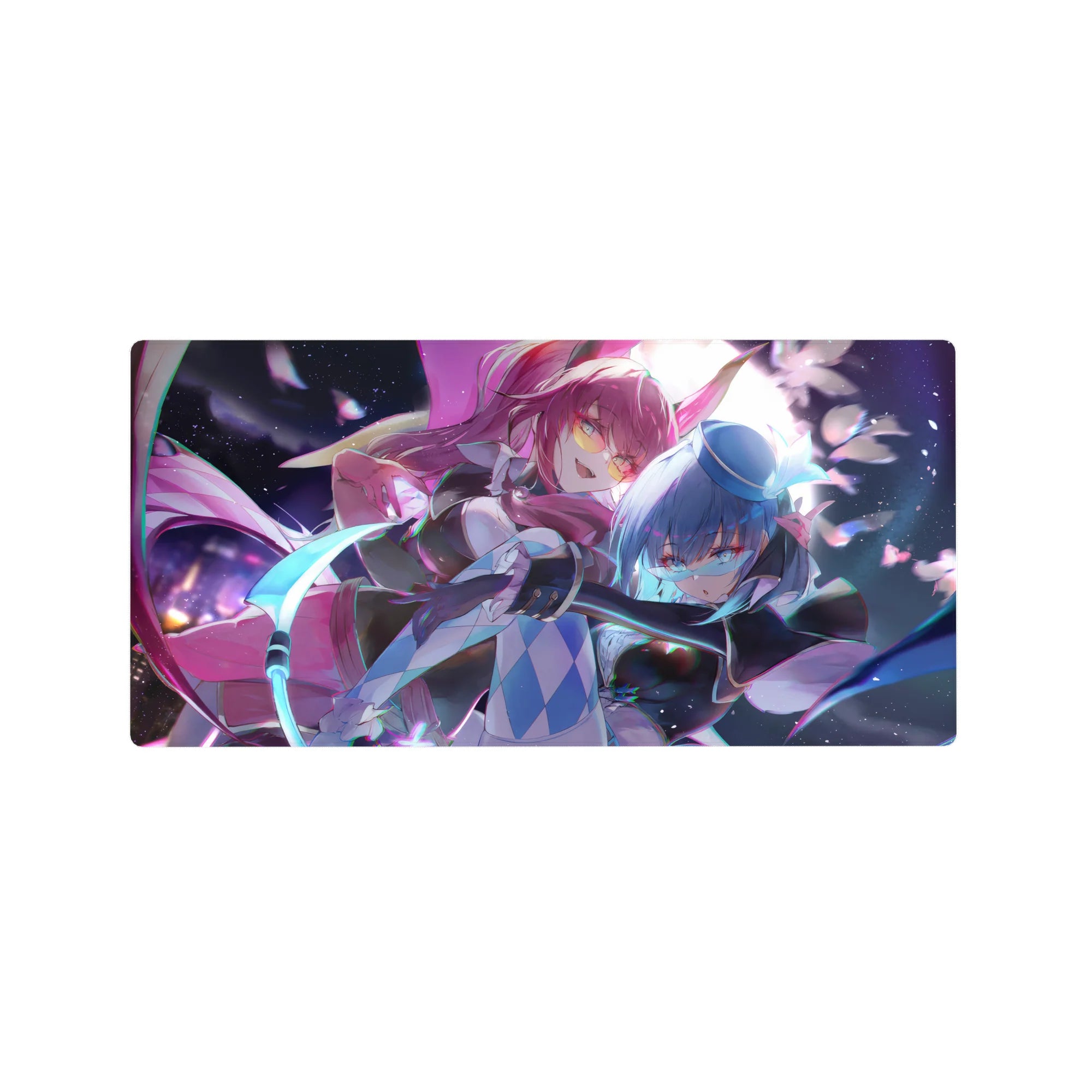 32x16 inches anime girl mouse pad with pink-haired and blue-haired duo, neon ribbons, blade frame art.