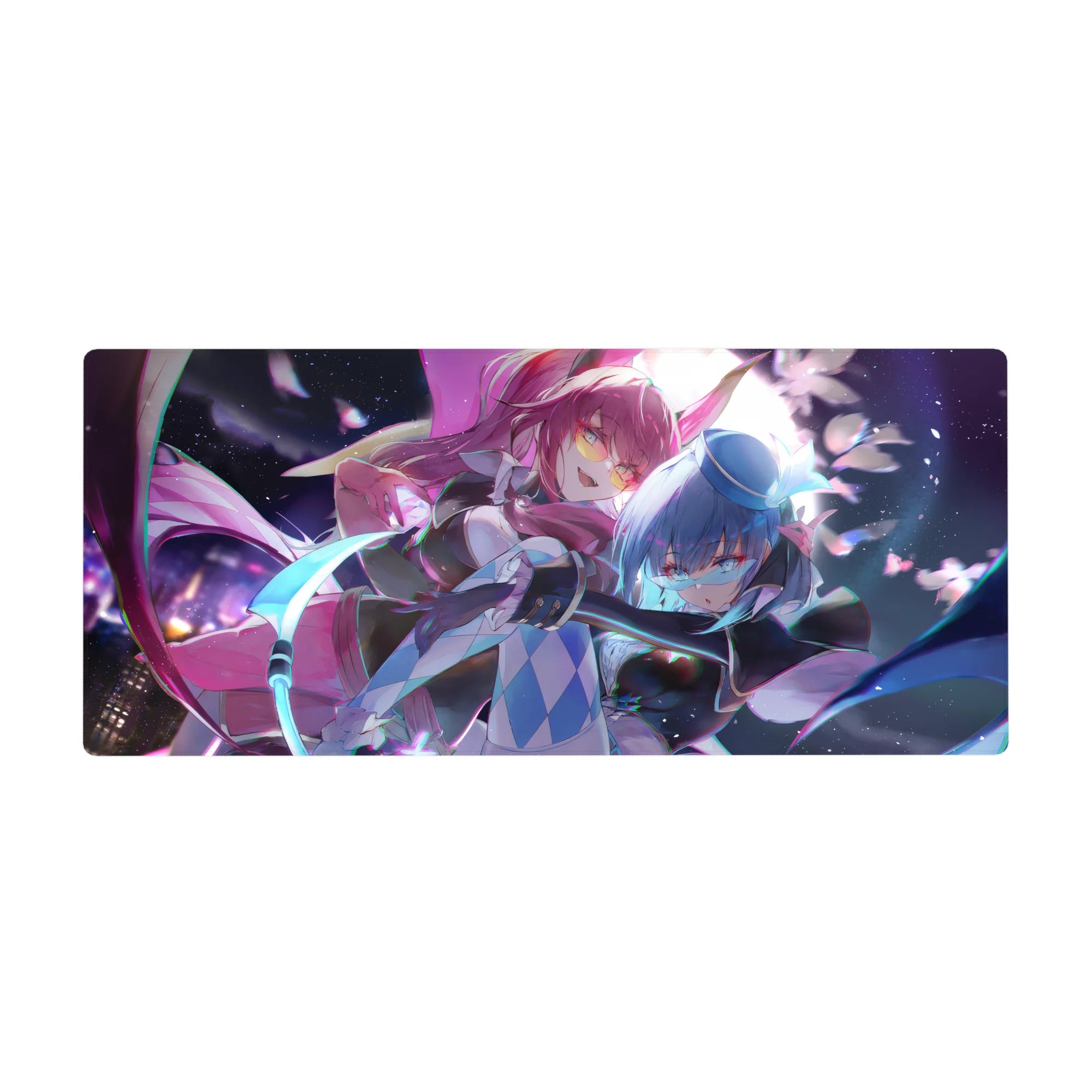 Anime girl desk pad 36x16 inches with two fierce cuties, neon ribbons, glasses, and glowing blade art.