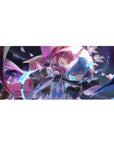 Anime girl desk pad 36x16 inches with two fierce cuties, neon ribbons, glasses, and glowing blade art.