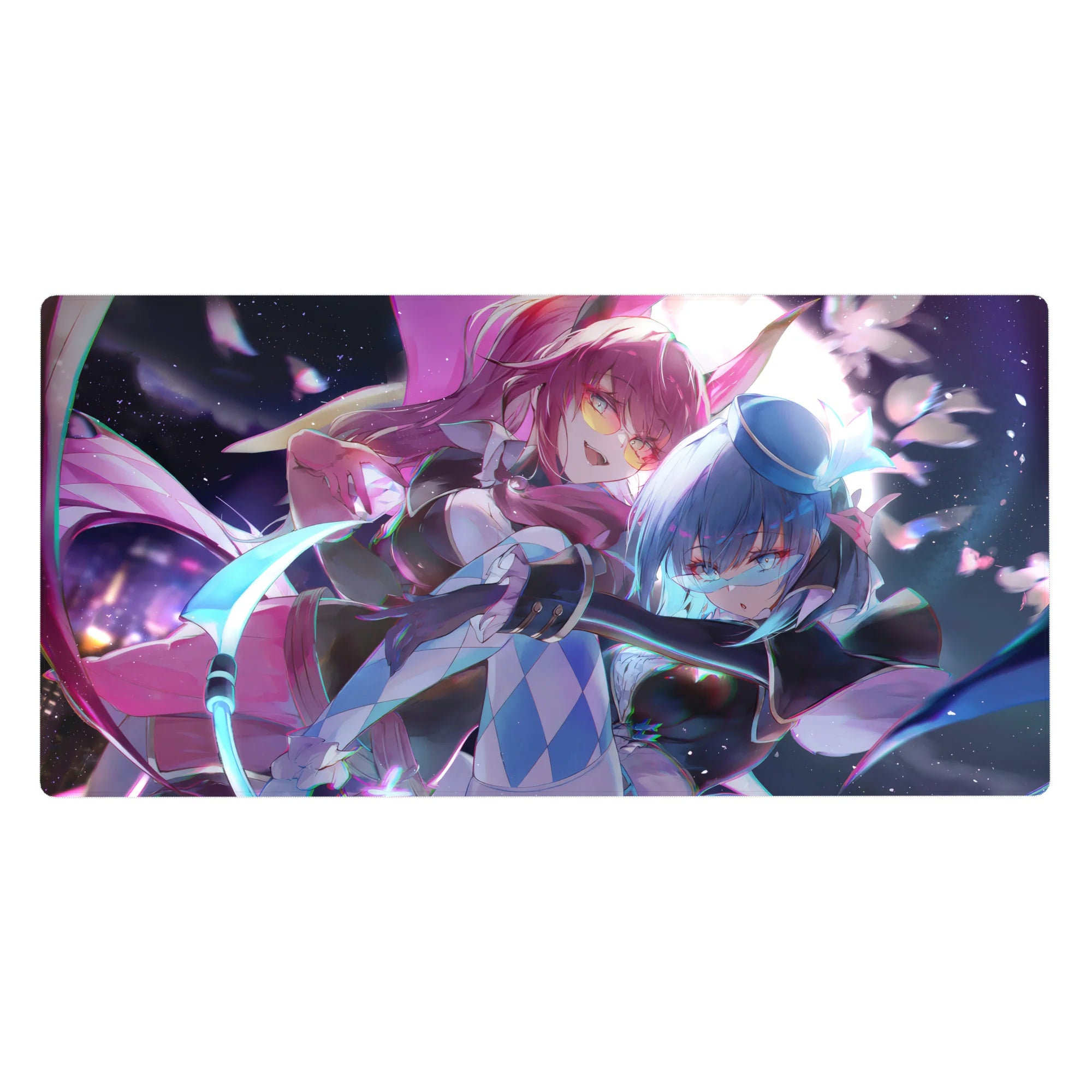 Anime girl desk pad 40x20 inches with pink and blue duo, neon ribbons, spark petals, and glowing blade.