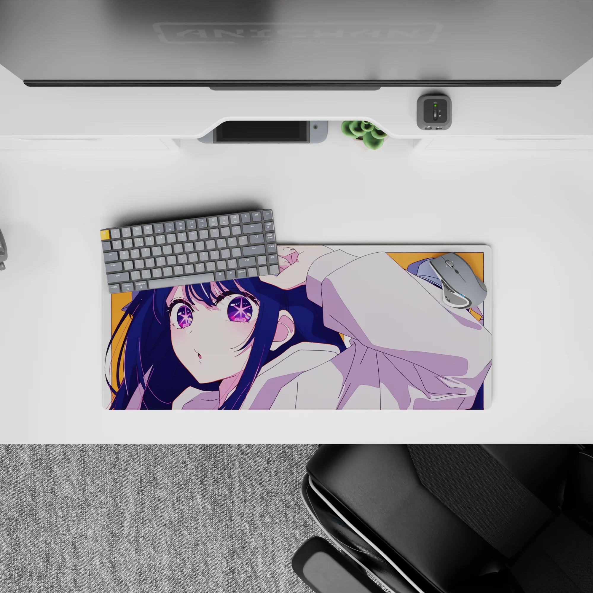 28x12 inches anime girl desk mat in warm orange with starry purple eyes and bright, playful vibe.