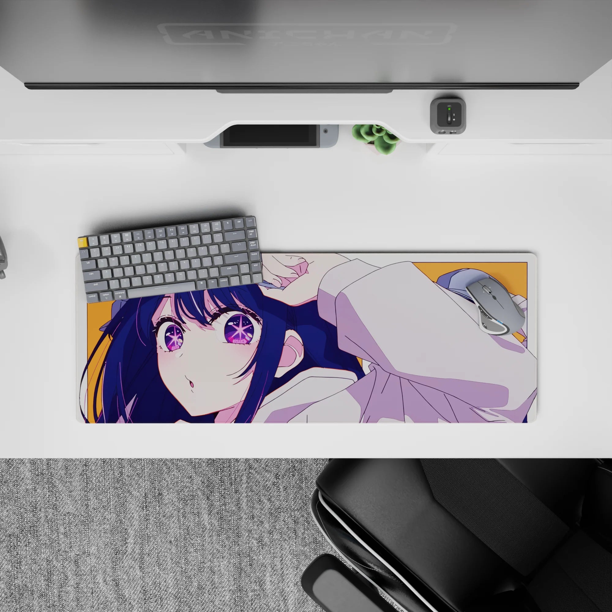 32x12 inches anime girl desk mat with navy hair, purple starry eyes on a bright orange background.