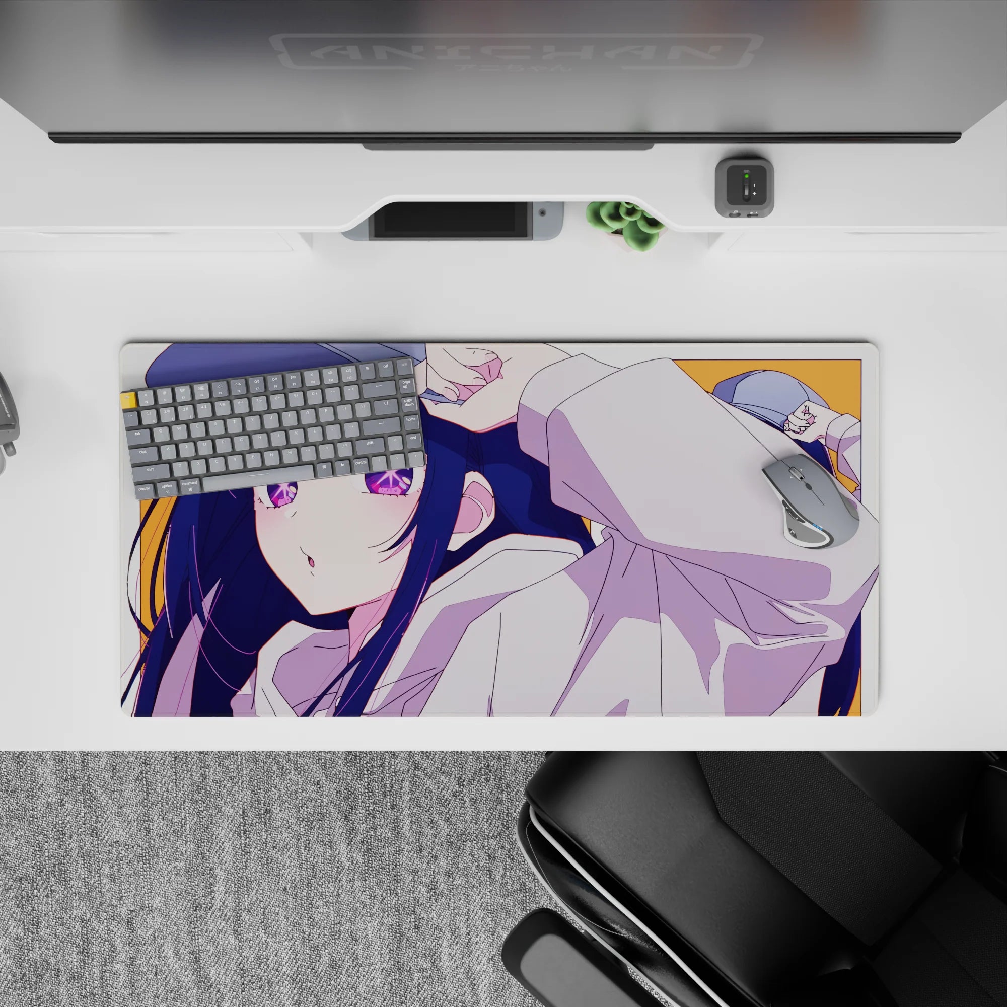 32x16 inches anime girl mouse pad with warm orange background and sparkling purple eyes for a bright desk mood.
