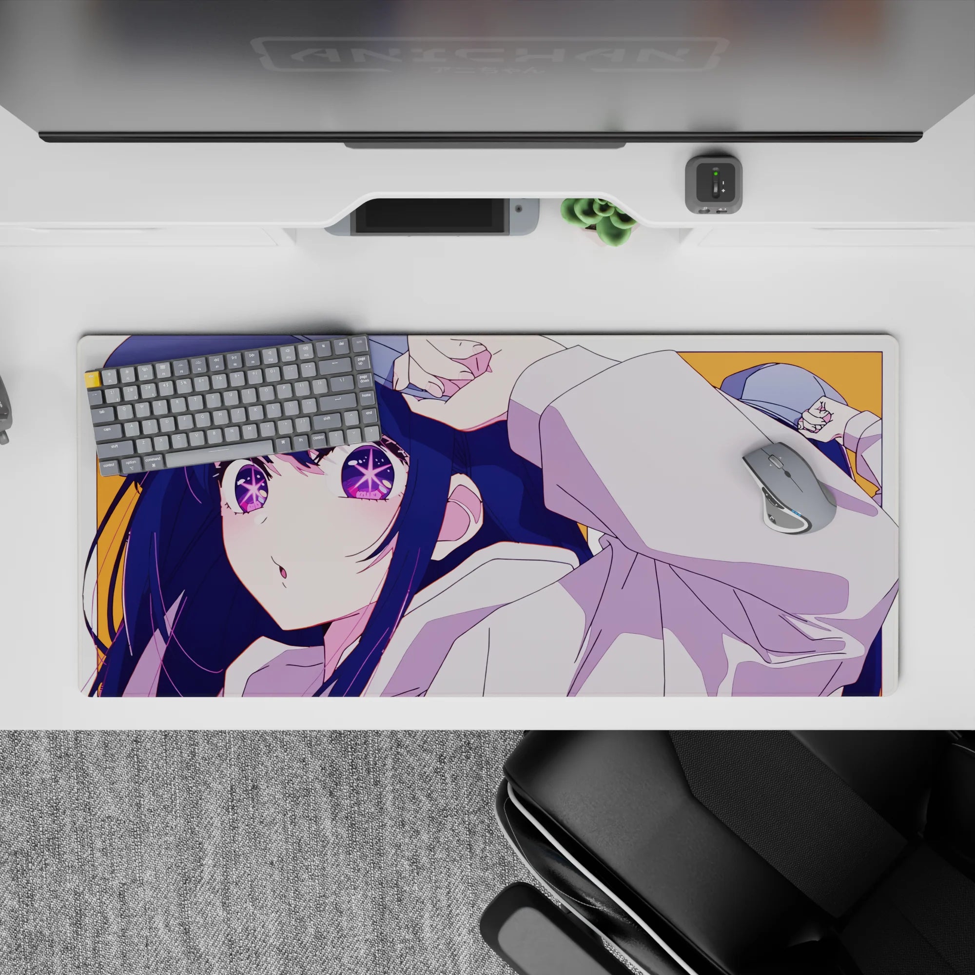 Bright orange anime desk pad 36x16 inches with navy hair, starry purple eyes, playful cheeky vibe.