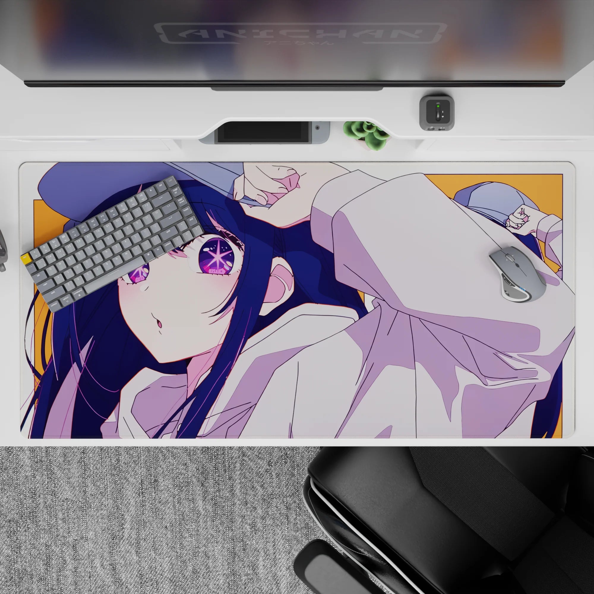 Bright orange anime desk pad 40x20 inches with deep navy hair and sparkling purple eyes, playful mood.