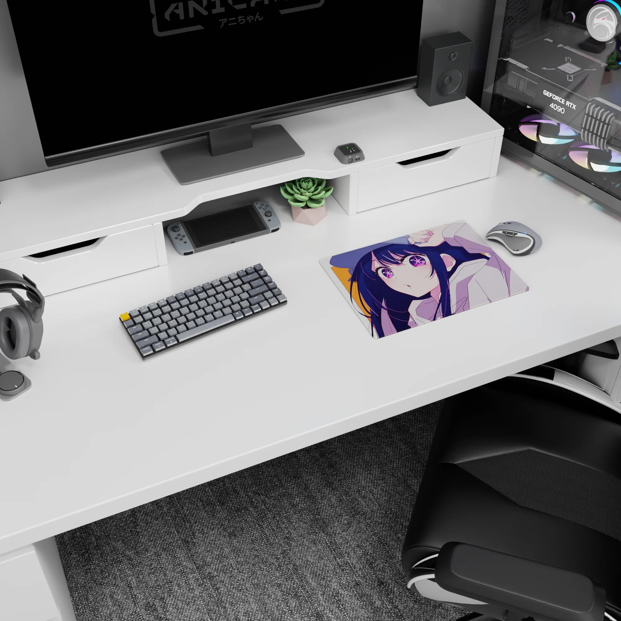 Anime girl mouse pad 14x10 inches showing a pouty girl in oversized white hoodie tugging her cap.
