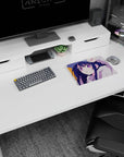 Anime girl mouse pad 14x10 inches showing a pouty girl in oversized white hoodie tugging her cap.