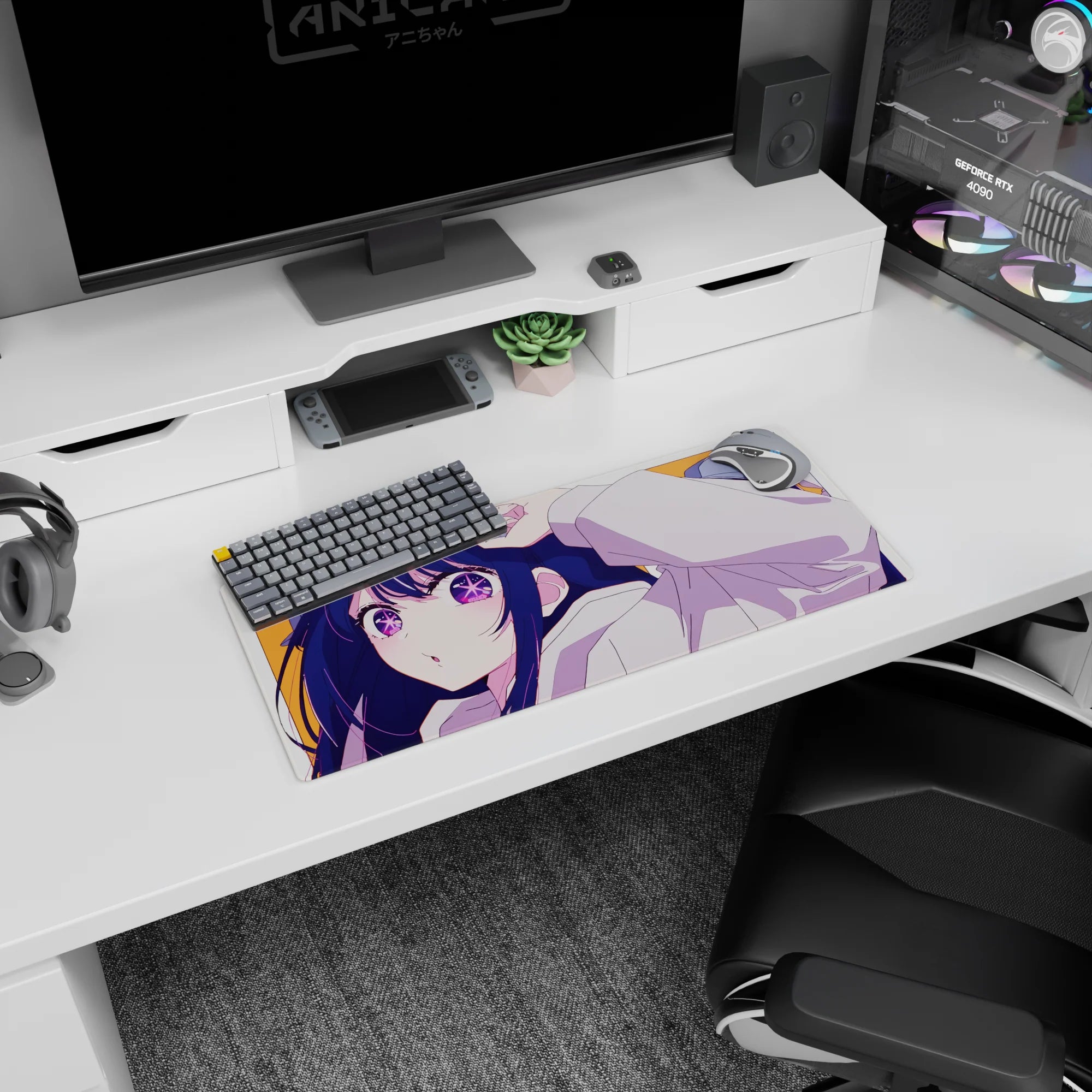 28x12 inches mouse pad showing a long-haired girl tugging her cap in a white hoodie, caught-you-staring look.