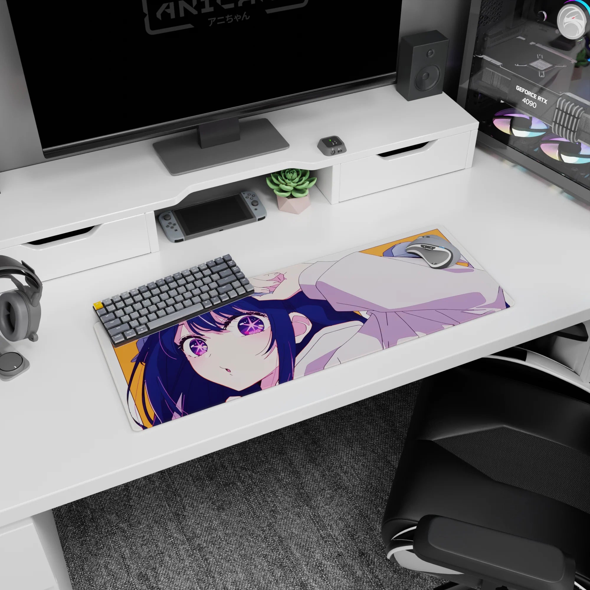 32x12 inches anime girl mouse pad showing a pouty girl tugging her cap in a cheeky caught-you-staring pose.