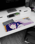 32x12 inches anime girl mouse pad showing a pouty girl tugging her cap in a cheeky caught-you-staring pose.