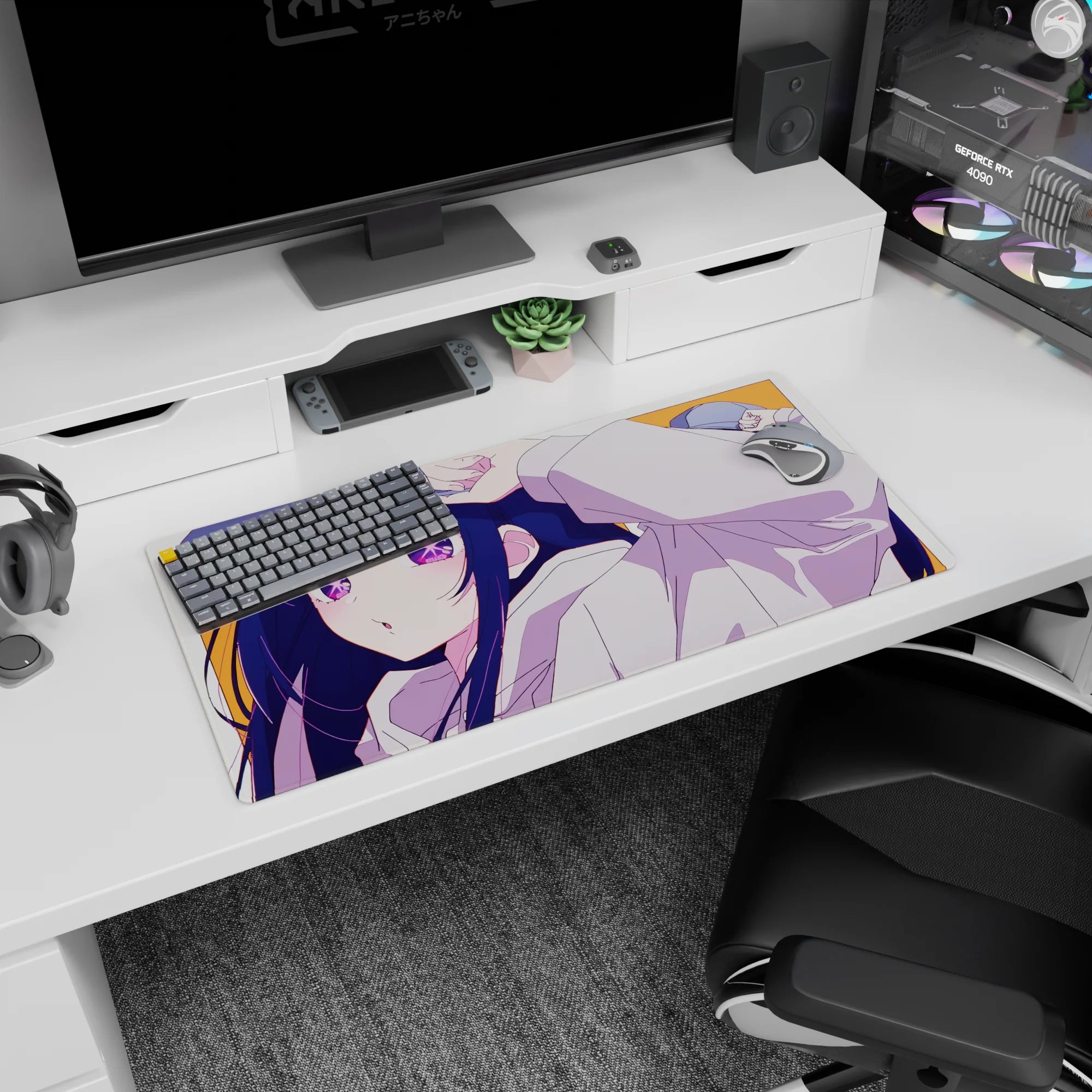 32x16 inches anime girl mouse pad featuring a pouty girl tugging her cap in an oversized white hoodie.