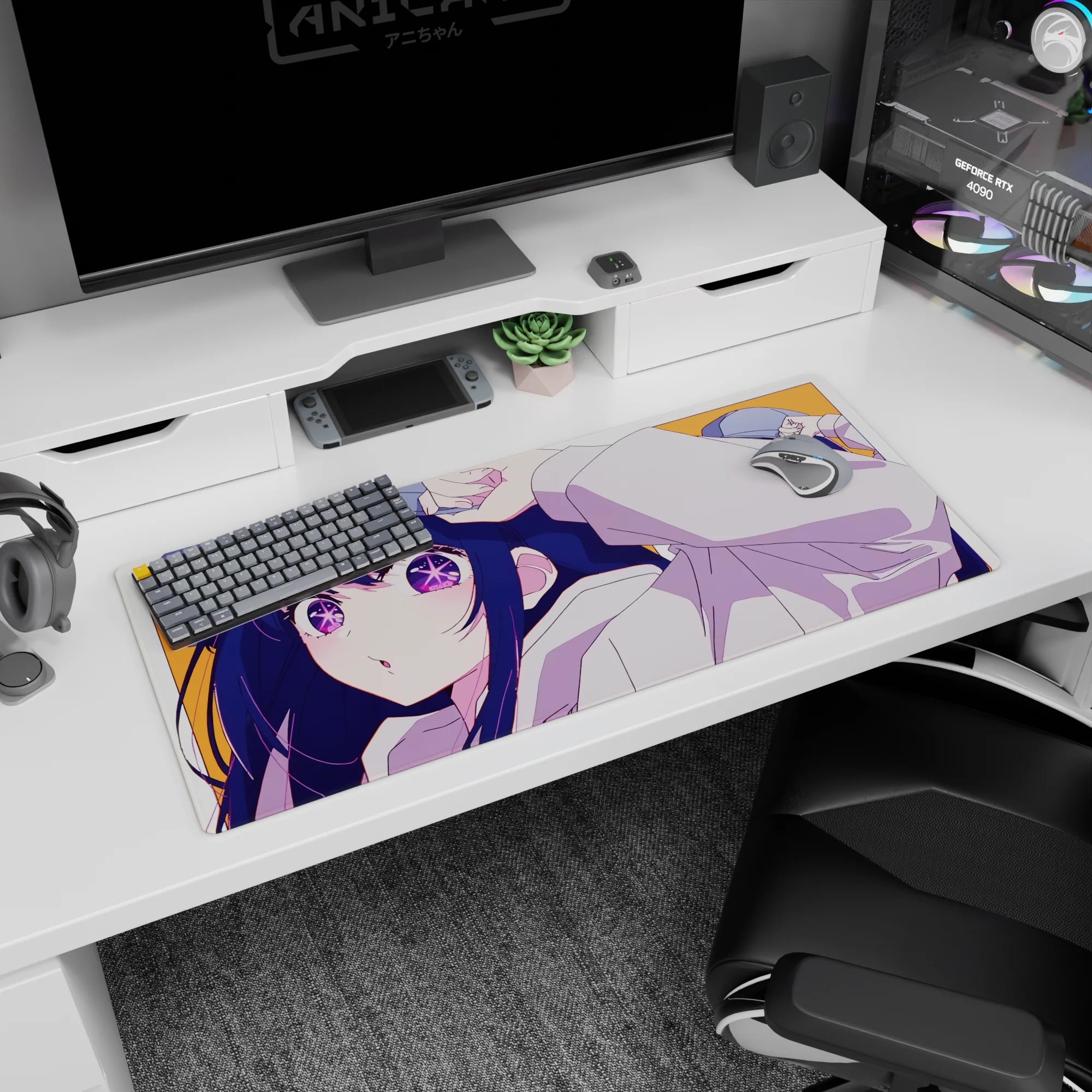 Anime girl desk pad 36x16 inches showing hoodie girl tugging her cap with a pouty caught-you-staring look.
