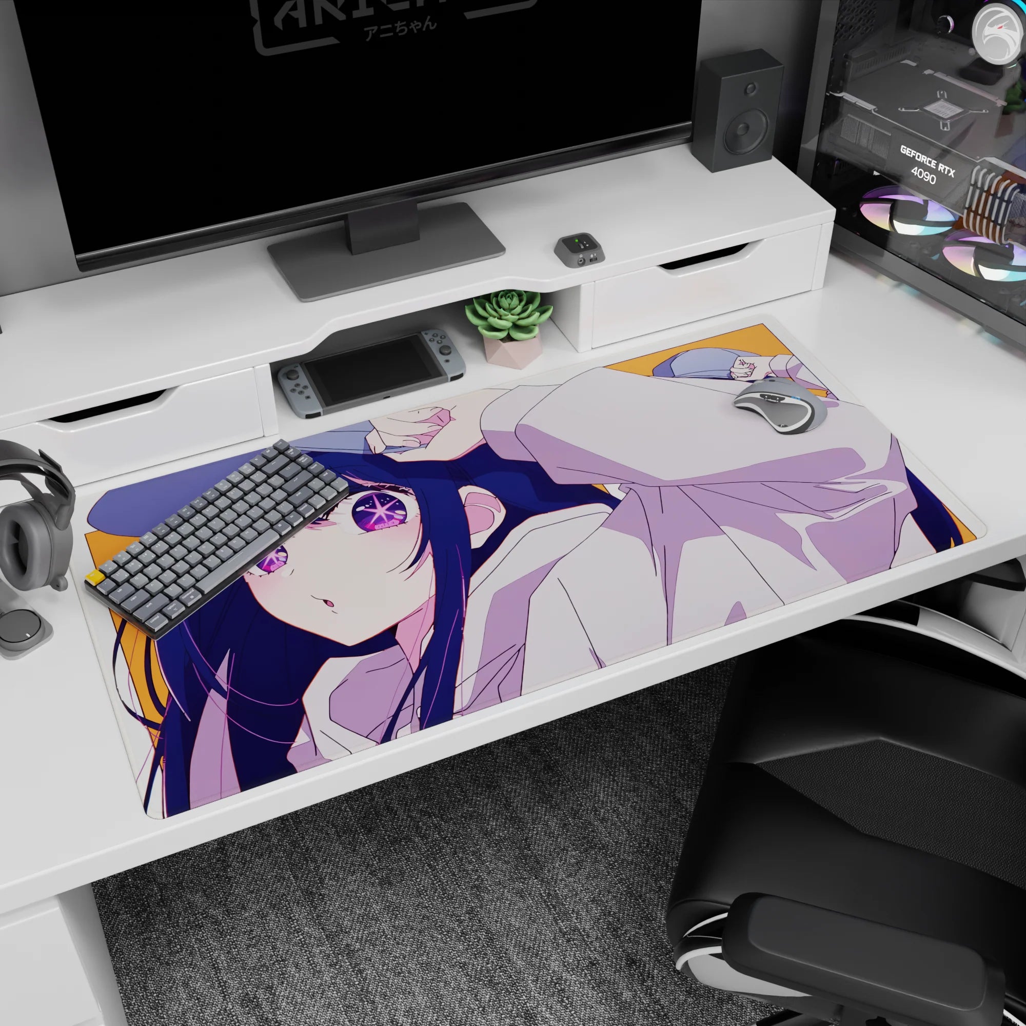 Cheeky anime girl desk pad 40x20 inches, tugging her cap with pouty caught-you-staring look.