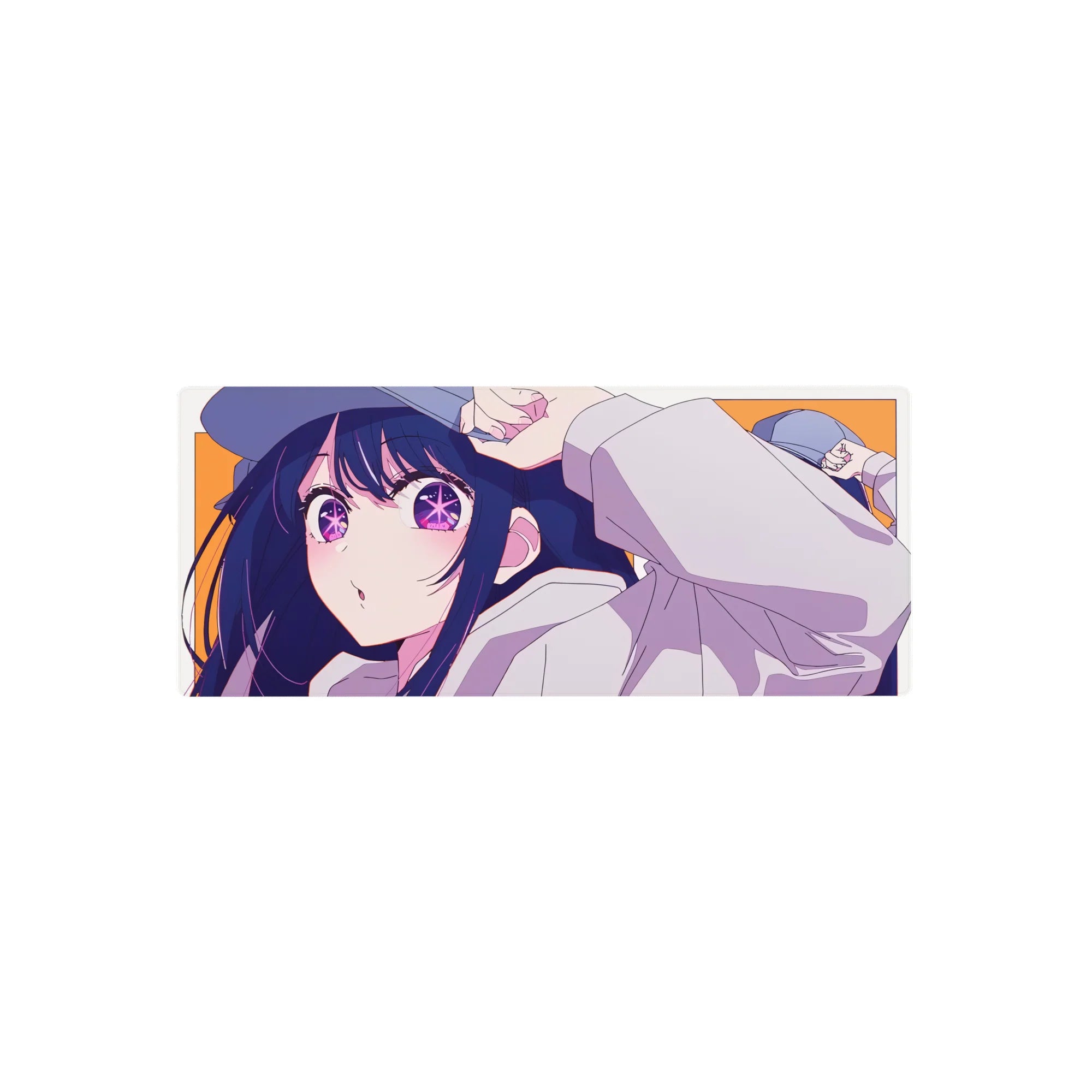 28x12 inches anime girl mouse pad with long navy hair, oversized white hoodie, and cheeky pout pose.