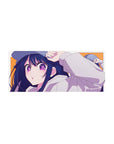 28x12 inches anime girl mouse pad with long navy hair, oversized white hoodie, and cheeky pout pose.