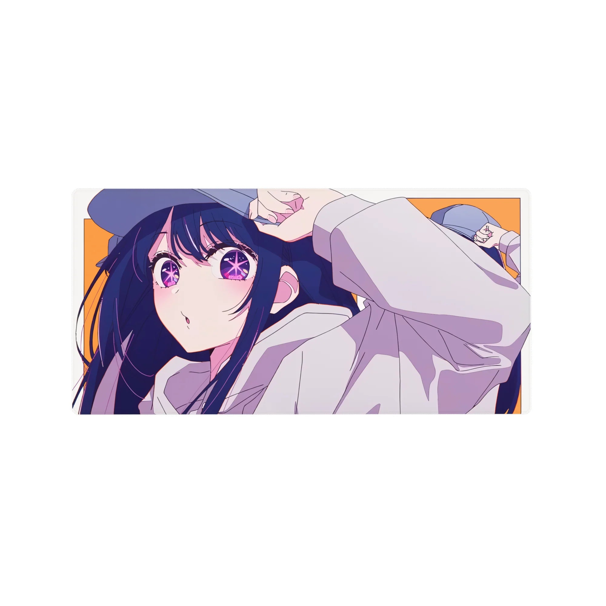 32x16 inches anime girl mouse pad with long navy hair, white hoodie, clean line art and smooth shading.