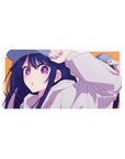 32x16 inches anime girl mouse pad with long navy hair, white hoodie, clean line art and smooth shading.