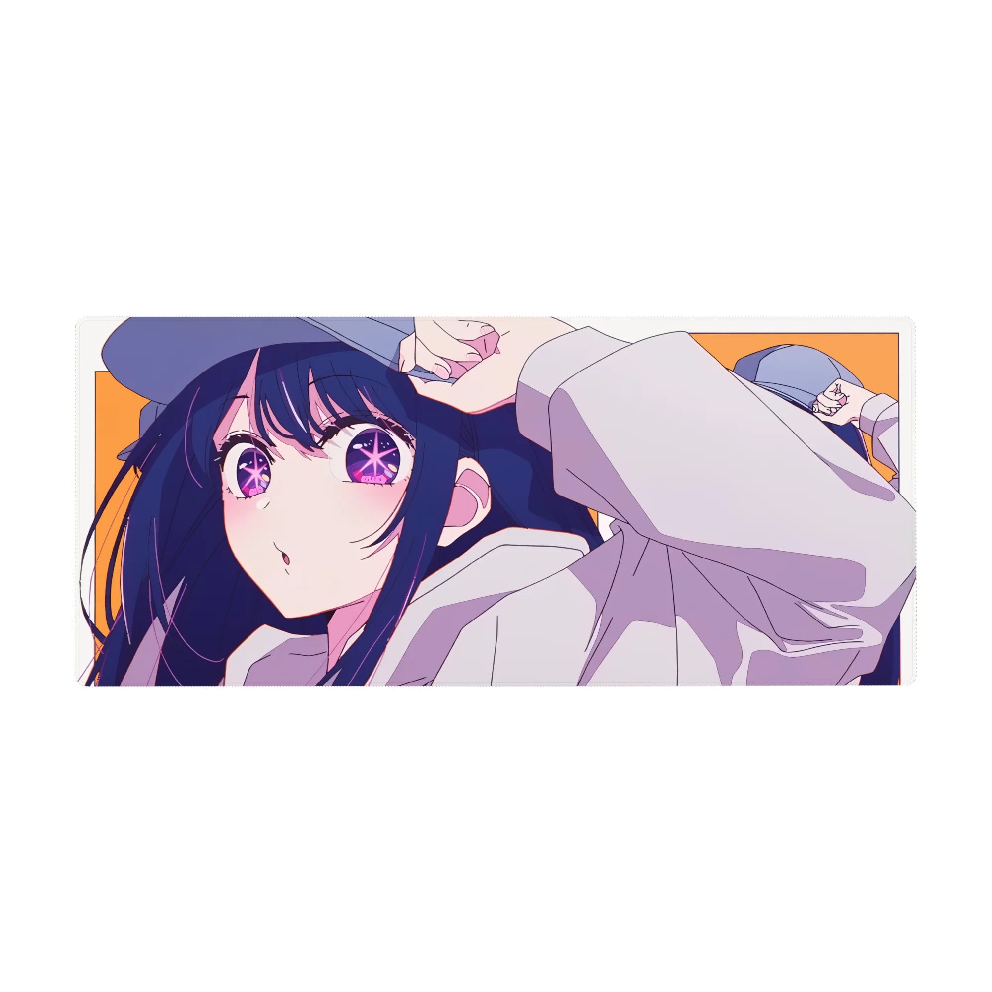 Anime girl desk pad 36x16 inches with long-haired beauty in oversized white hoodie, clean line art.