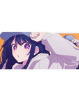 Anime girl desk pad 36x16 inches with long-haired beauty in oversized white hoodie, clean line art.