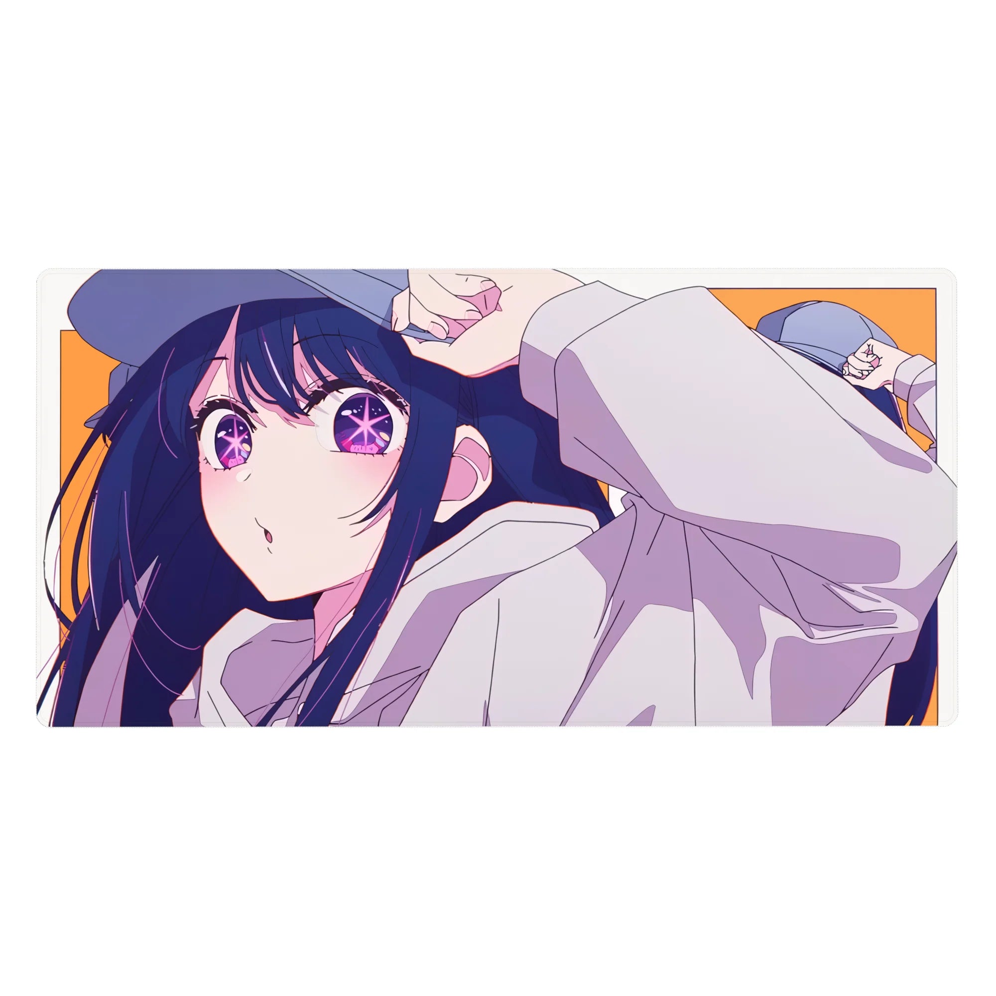 Anime girl desk pad 40x20 inches with long-haired beauty in oversized white hoodie, clean line art.