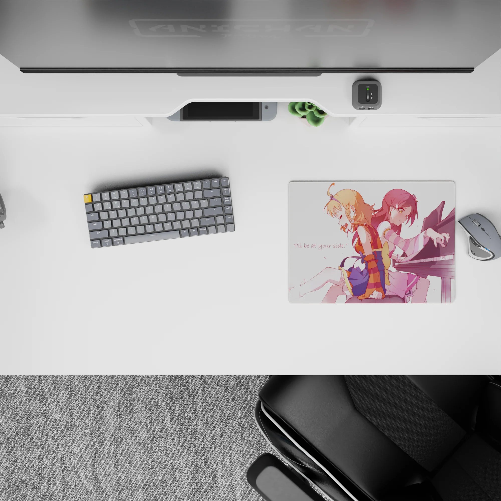 Soft pink anime mouse pad 14x10 inches, peach and crimson hair, cozy bittersweet piano vibe.
