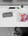 Soft pink anime mouse pad 14x10 inches, peach and crimson hair, cozy bittersweet piano vibe.