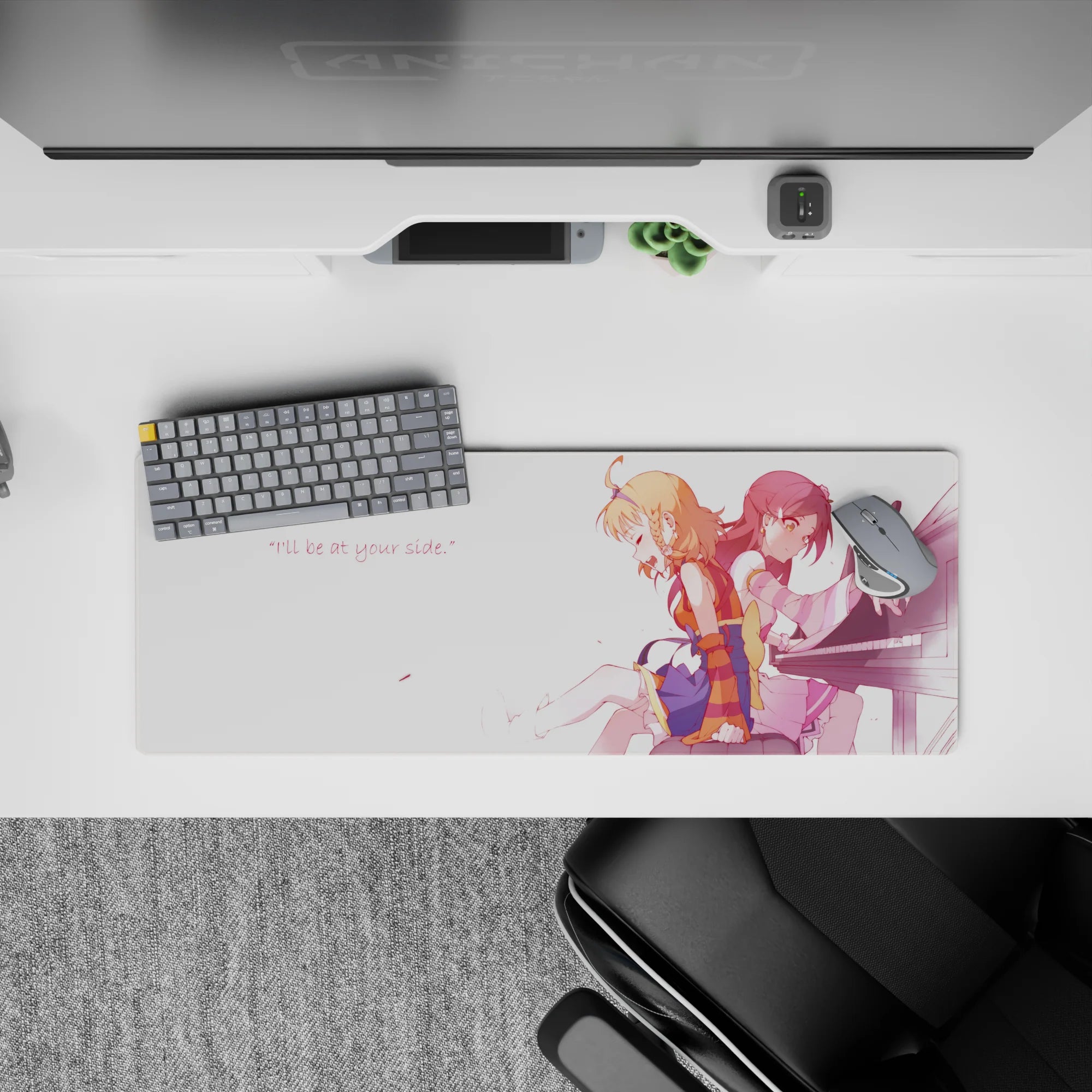 32x12 inches anime desk mat in soft pink light, peach and crimson hair, clean white space, bittersweet vibe.