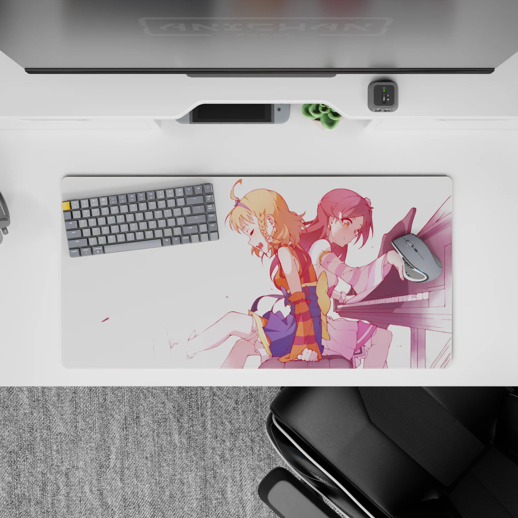 Soft pink anime girl mouse pad 32x16 inches in cozy white space with peach and crimson tones, bittersweet vibe.